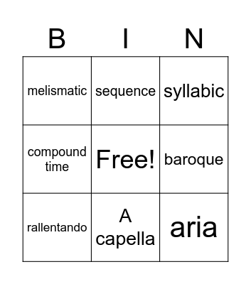 N5 music Bingo Card