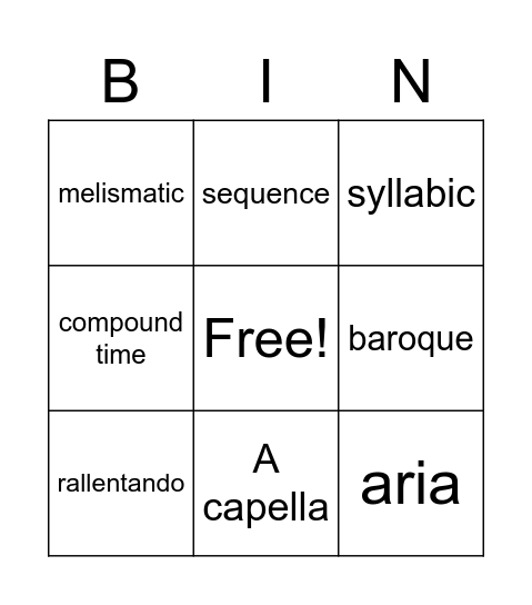 N5 music Bingo Card