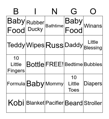 Winans Baby Shower Bingo Card