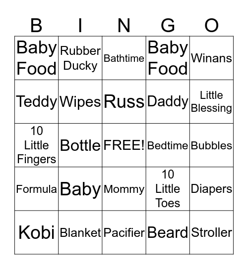 Winans Baby Shower Bingo Card
