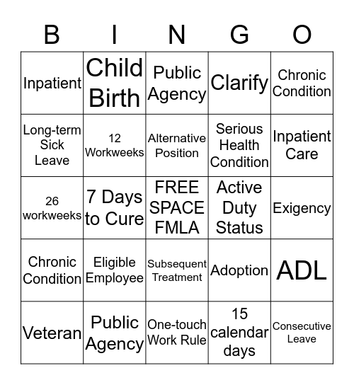 FMLA  Bingo Card