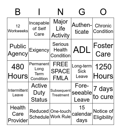 FMLA  Bingo Card