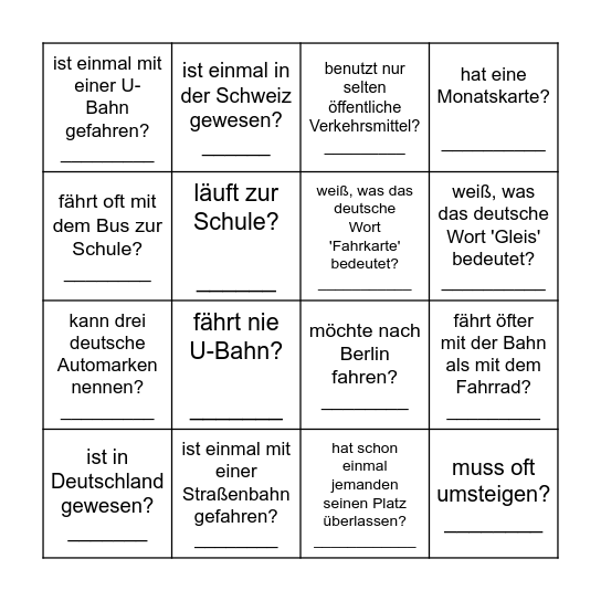 Wer in der Klasse... Bingo Card