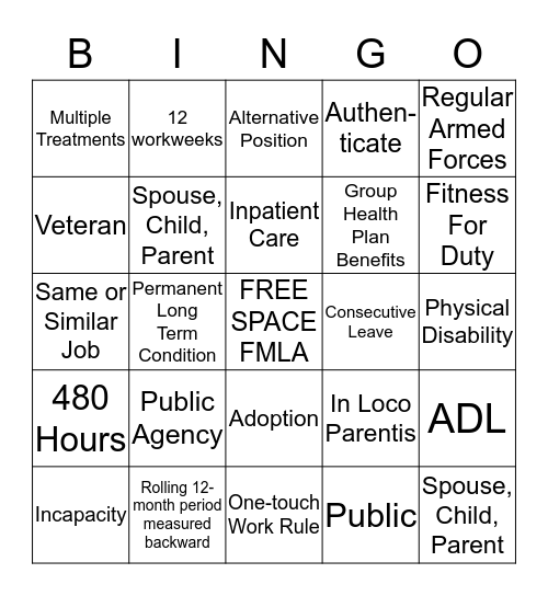 FMLA  Bingo Card