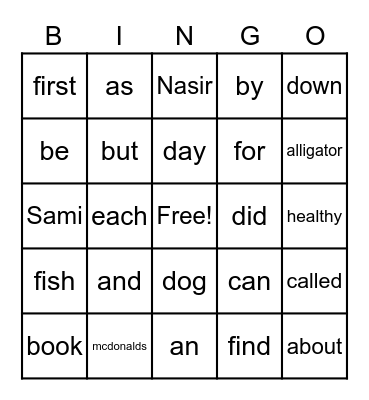 Sight Words Bingo Card