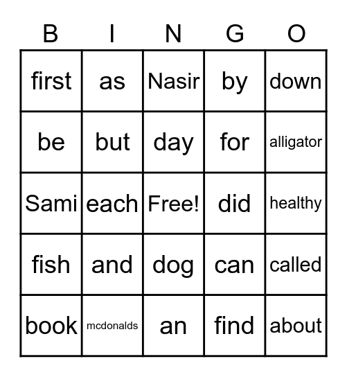 Sight Words Bingo Card