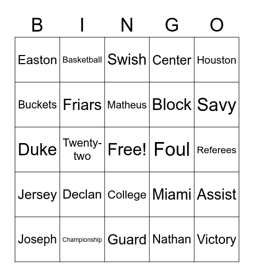 Joseph's March Madness Bingo Card