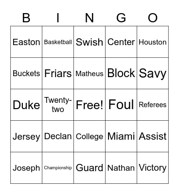 Joseph's March Madness Bingo Card