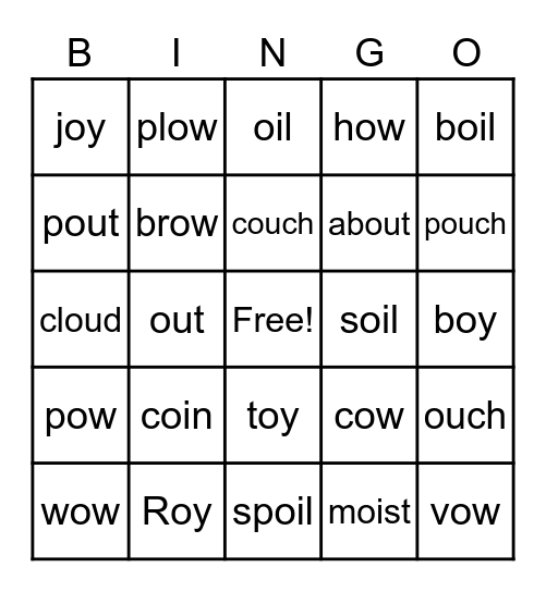 oi, oy, ou, and ow Bingo Card