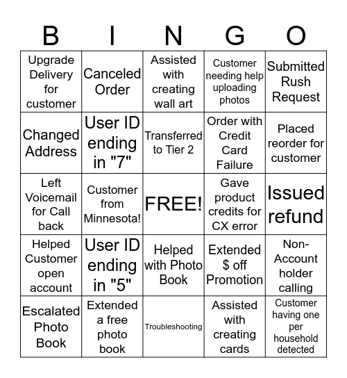 Call Center BINGO! Bingo Card