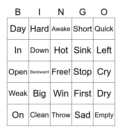 Antonyms Bingo Card