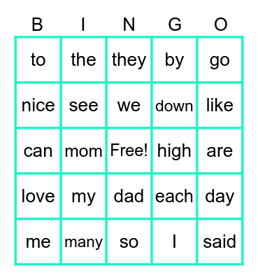 Sight Words 1 Bingo Card
