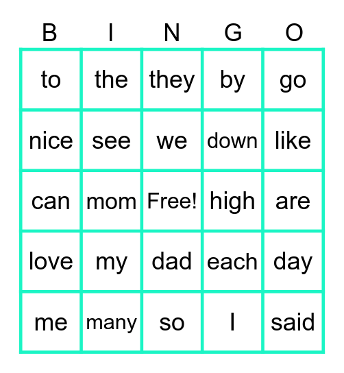 Sight Words 1 Bingo Card
