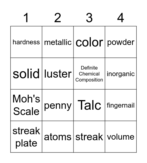 Mineral Properties Bingo Card