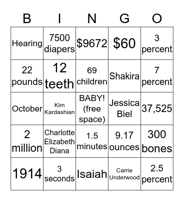 Baby Bingo!  Bingo Card