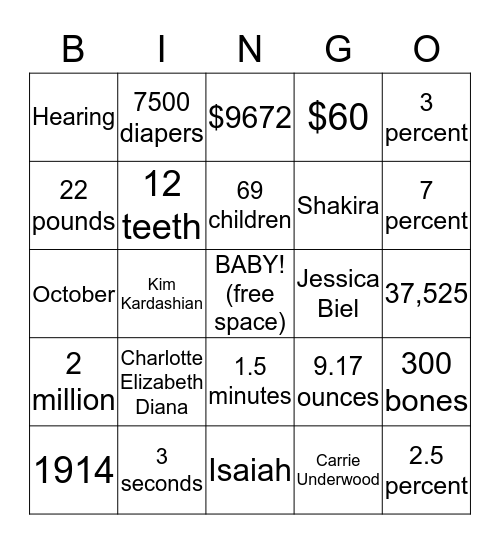Baby Bingo!  Bingo Card