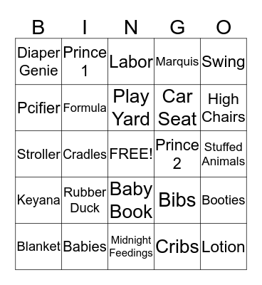 Keyana's Baby shower Bingo Card