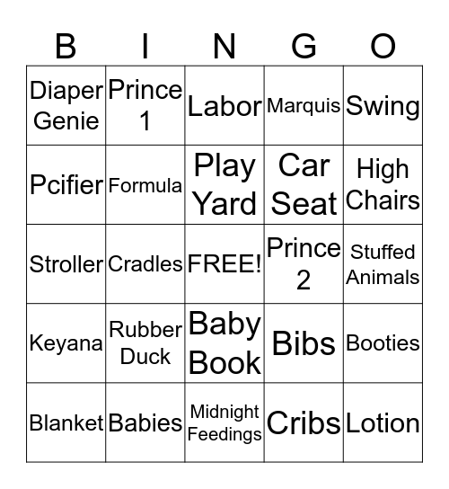 Keyana's Baby shower Bingo Card