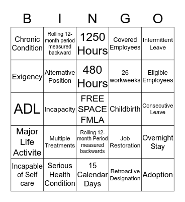 FMLA  Bingo Card