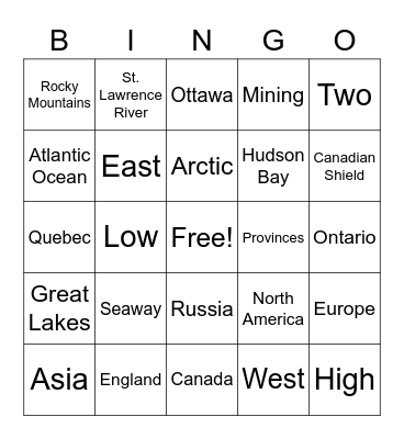 Canada Geography Review Bingo Card