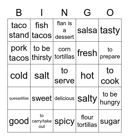 Los sabores Bingo Card