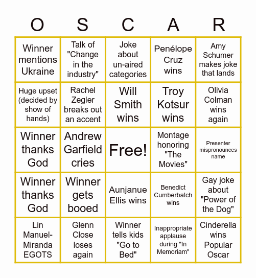 2022 Oscars Bingo Card