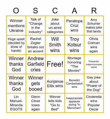 2022 Oscars Bingo Card