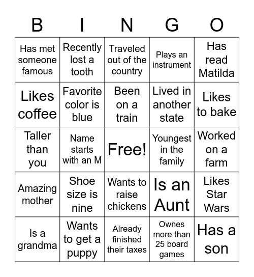 Guess Who Bingo Card