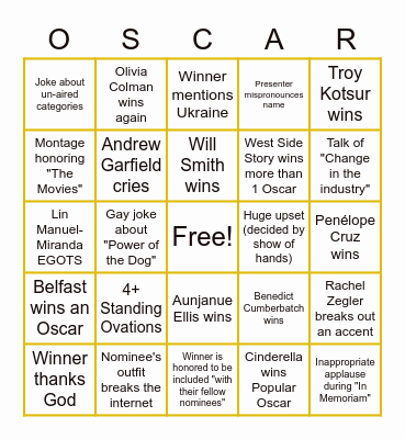 2022 Oscars Bingo Card