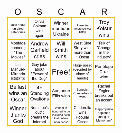 2022 Oscars Bingo Card