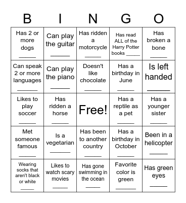 Human Scavenger Hunt Bingo Card