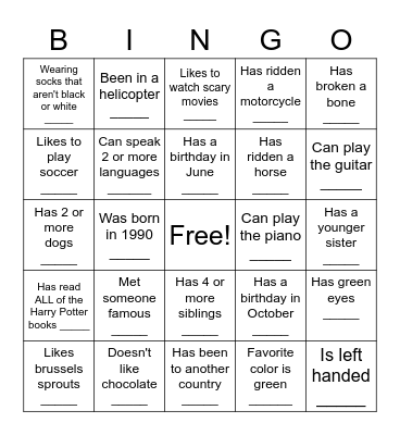 Human Scavenger Hunt Bingo Card