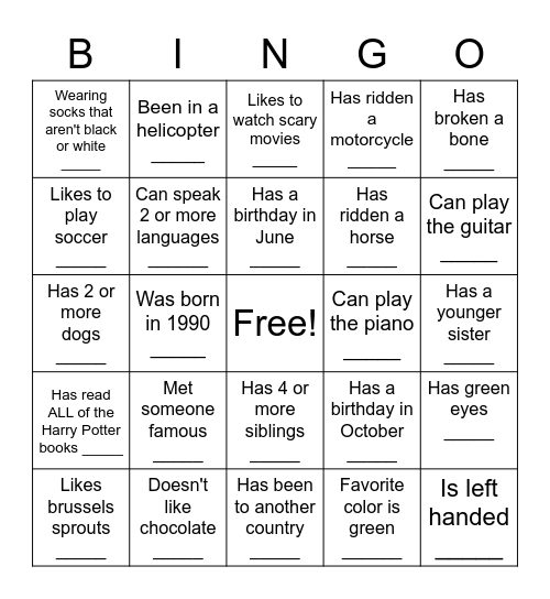 Human Scavenger Hunt Bingo Card