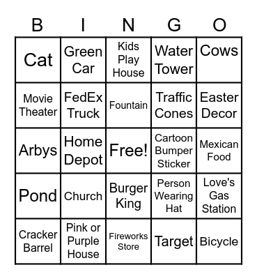 Road Trip Bingo Card