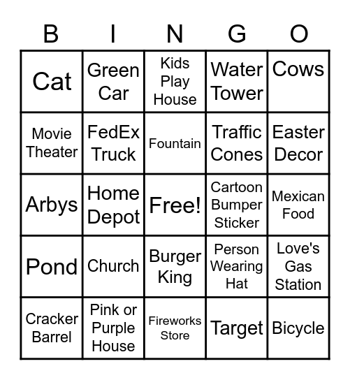 Road Trip Bingo Card