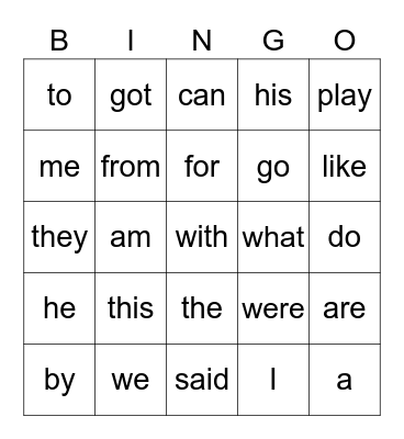 Sight Words Bingo Card