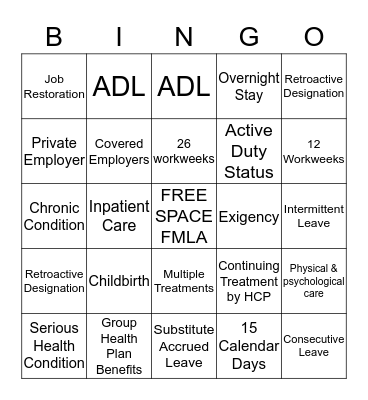 FMLA  Bingo Card