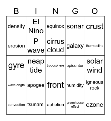 Earth Space Science Review Bingo Card