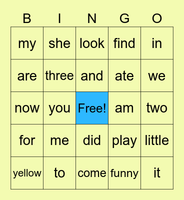 Sight Word Bingo Card