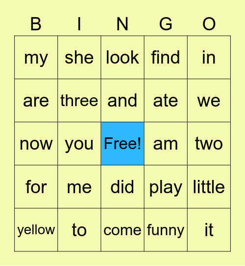 Sight Word Bingo Card
