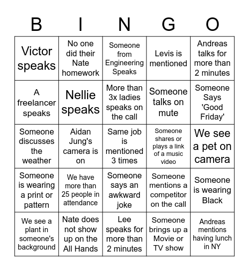 All Hands Bingo Card