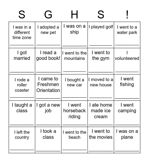 I know what you did last summer!!!!! Bingo Card