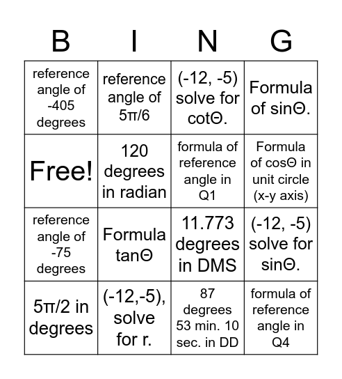Pre-Calculus - Bingo Card
