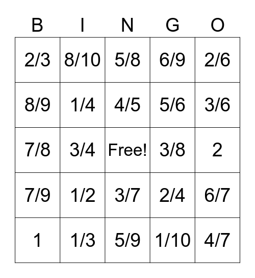 Fraction Bingo Card