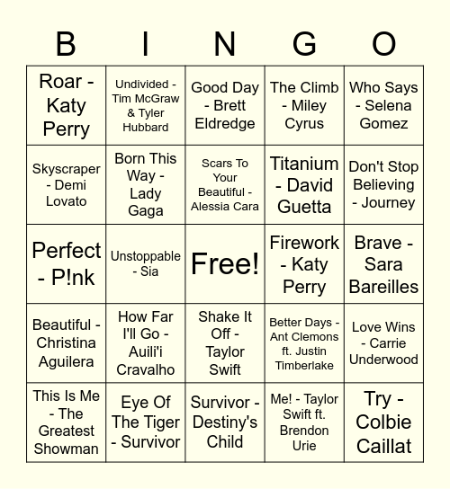 Wellness Music Bingo Card