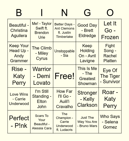 Wellness Music Bingo Card