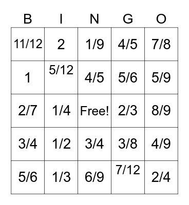 Fraction Bingo Card