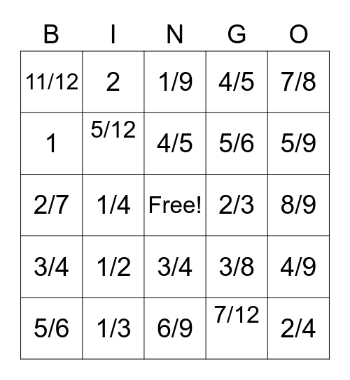 Fraction Bingo Card