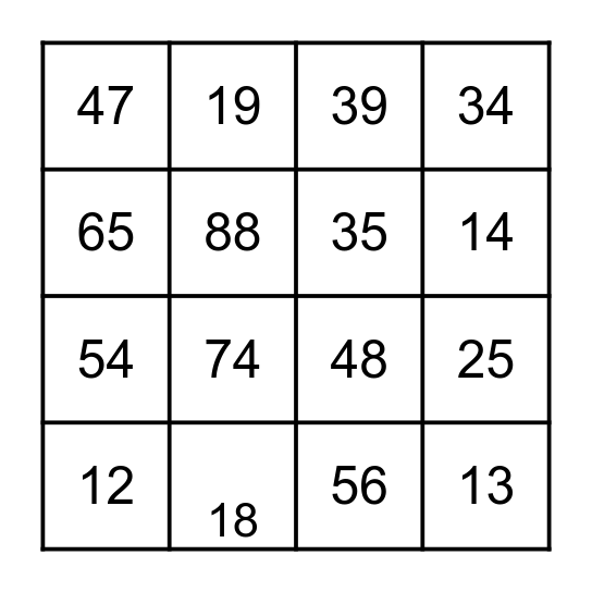 Mental Math Bingo Card
