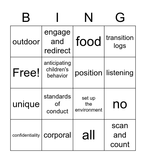 Standards of Conduct/Active Supervision Bingo Card